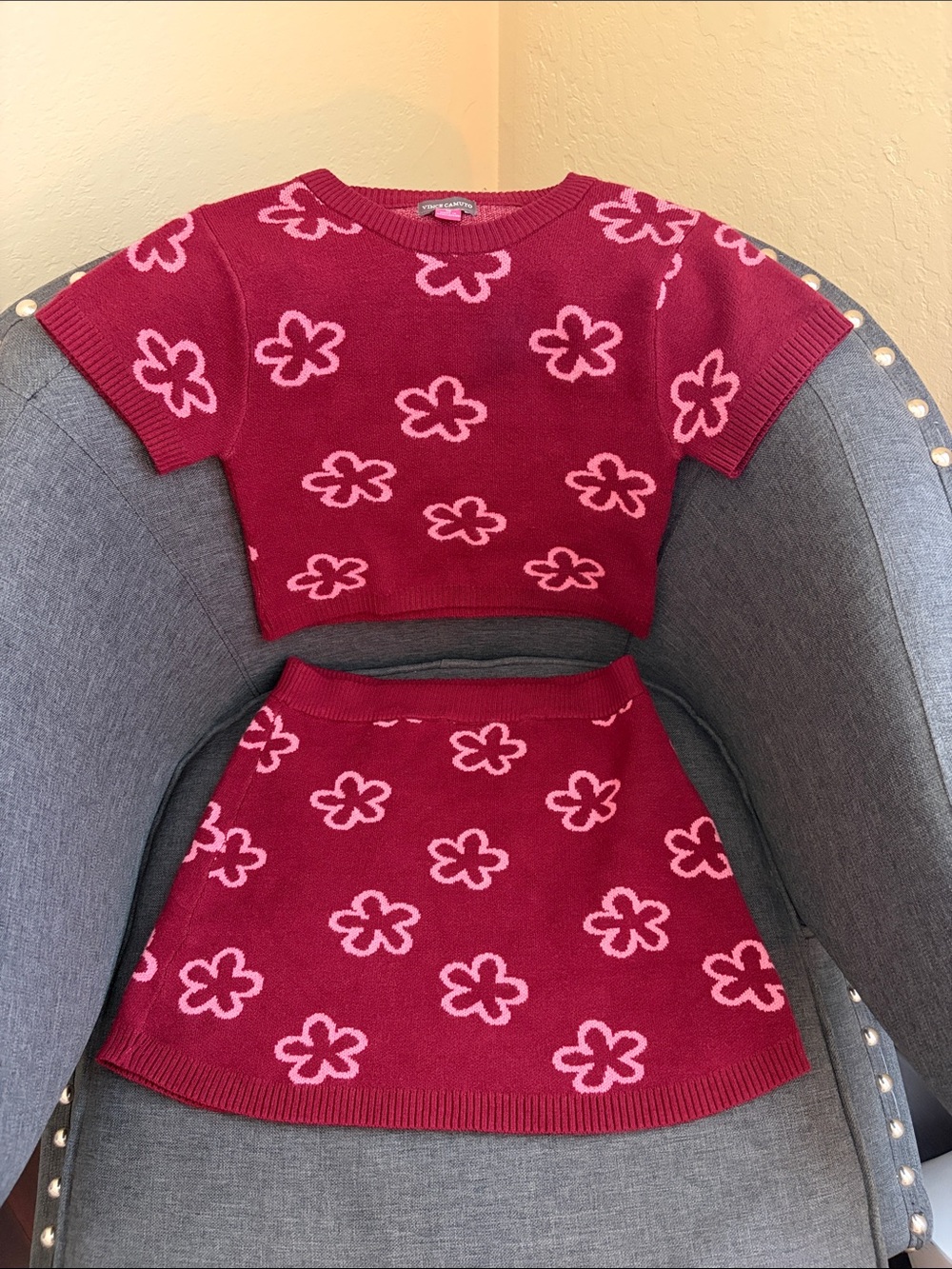 Vince Camuto Pink Floral Knit Crop Top & Skirt Set